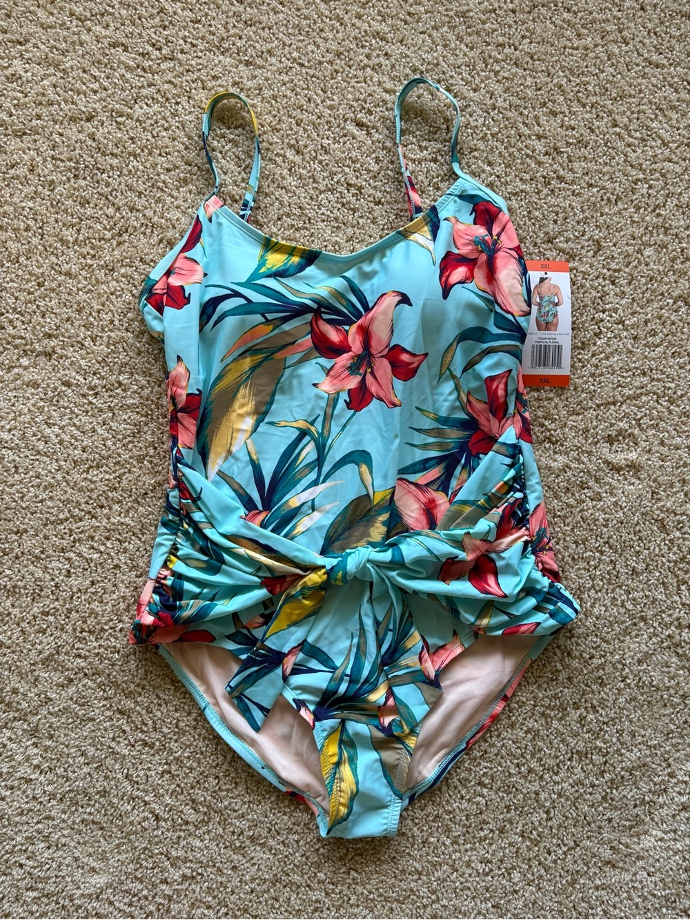 NWT Carole Hochman One Piece Swimsuit Tropical Floral Front Tie UPF 50+ XXL
